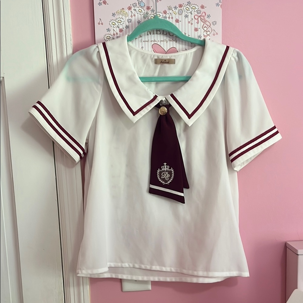 Amavel White and Burgundy Detachable Sailor Necktie Blouse